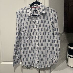Talbots White Button-Down Shirt with Blue Pineapple Print